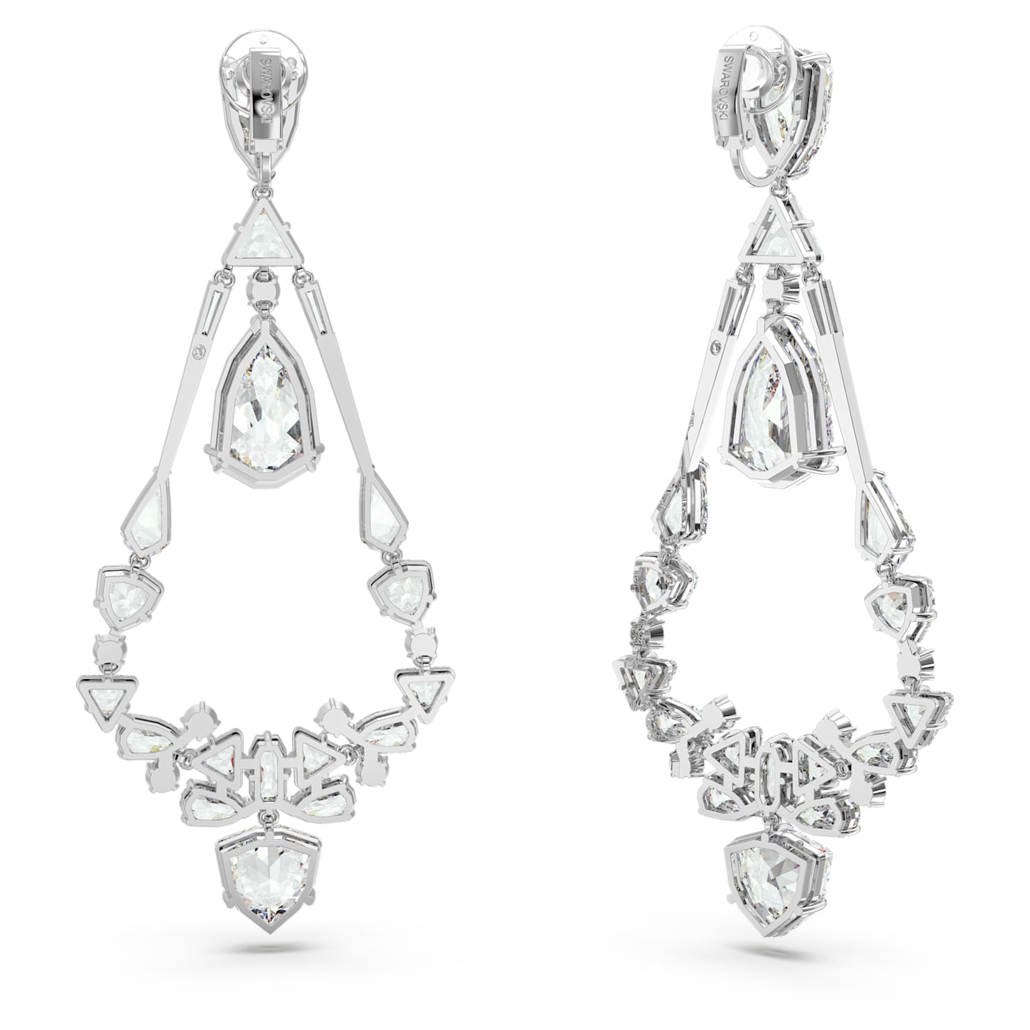 Mesmera clip earrings, Mixed cuts, Chandelier, Long, White, Rhodium