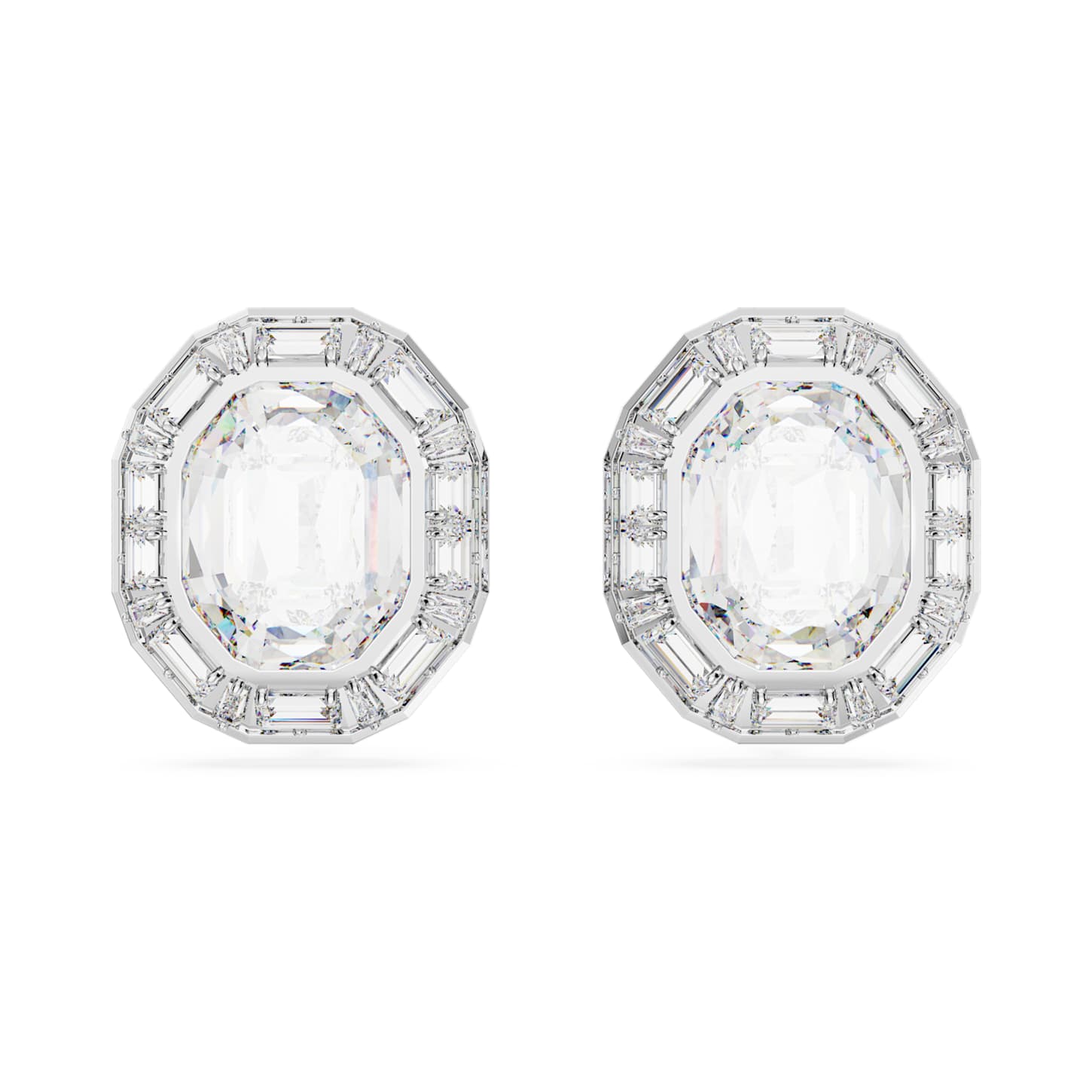 Mesmera clip earrings, Octagon cut, White, Rhodium plated Swarovski