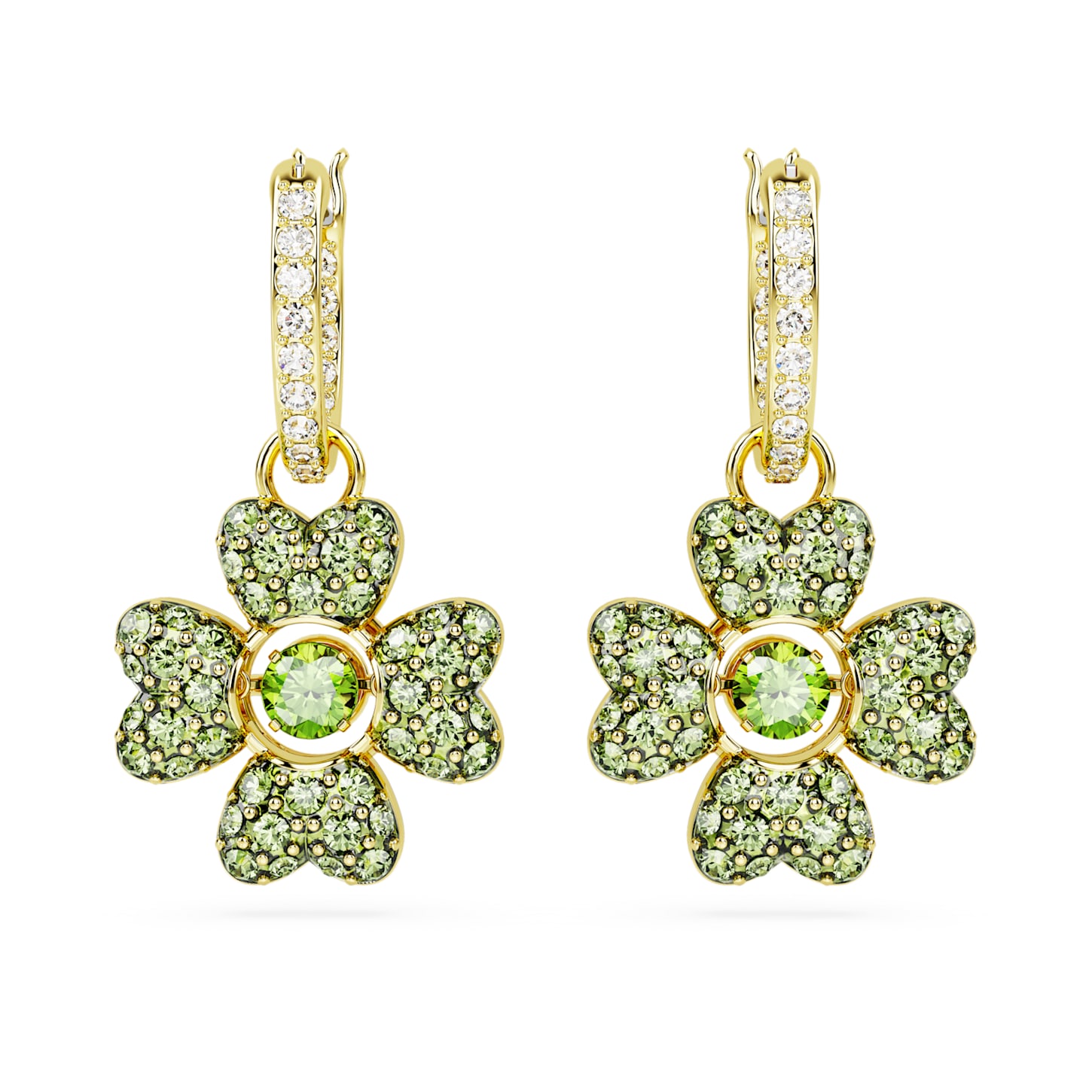 Idyllia drop earrings, Clover, Green, Gold-tone plated | Swarovski