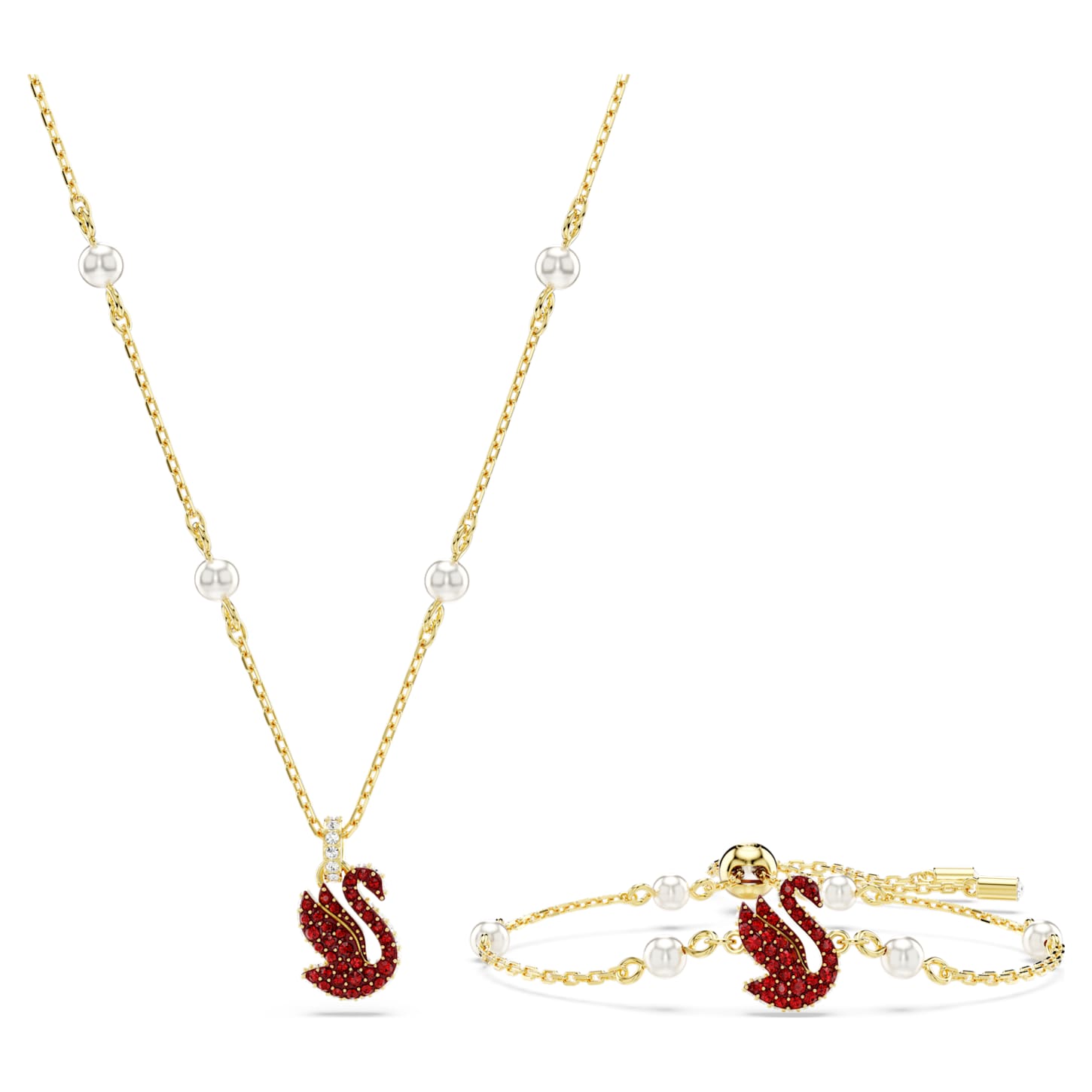 Swan set, Crystal pearl, Swan, Red, 18K gold finish | Swarovski