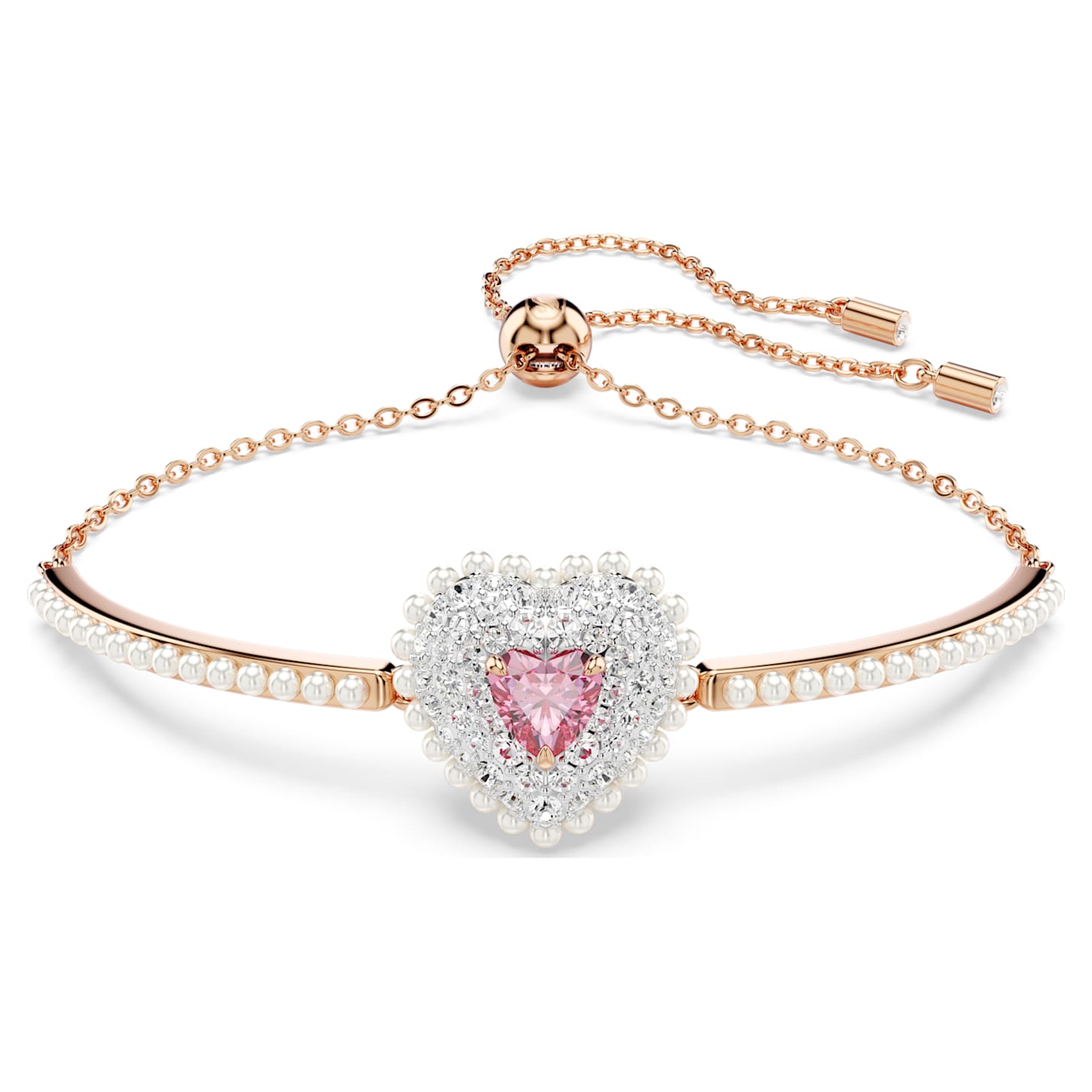 Hyperbola bangle, Crystal pearls, Heart, White, Rose gold-tone plated