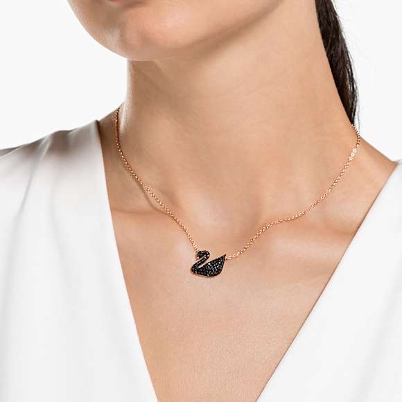 Swan hanger, Zwaan, Zwart, 18k roségouden afwerking - Swarovski, 5204134