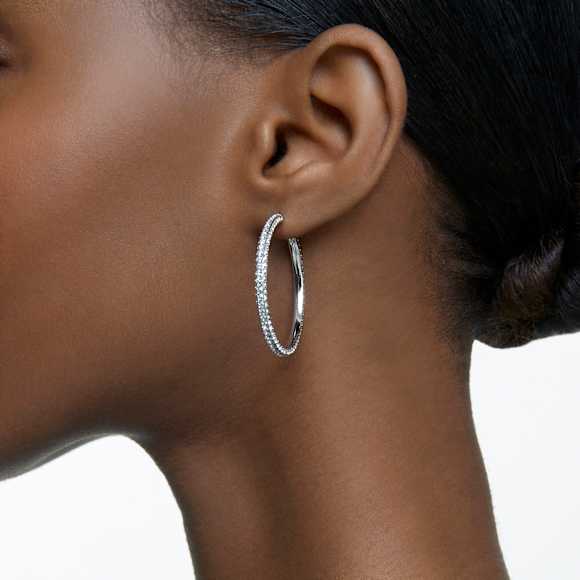 Dextera hoop earrings, Pavé, Large, White, Rhodium plated | Swarovski