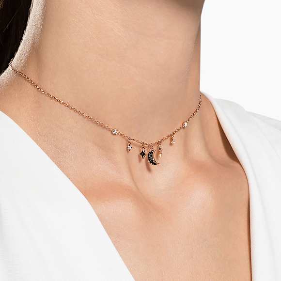 Symbolica necklace, Moon and star, Black, Rose gold-tone plated - Swarovski, 5429737