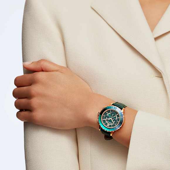 Montre Octea Lux Chrono, Fabriqué en Suisse, Bracelet en cuir, Verte, Finition or rose - Swarovski, 5452498