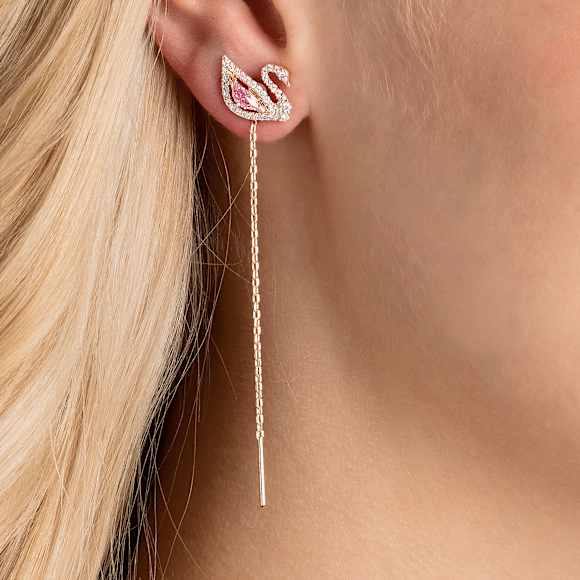 Swan 드롭 이어링, 스완, 핑크, 18K 로즈 골드 피니시 - Swarovski, 5469990