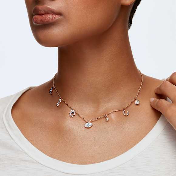 Symbolica necklace, Moon, infinity, hand, evil eye and horseshoe, Blue, Rose gold-tone plated - Swarovski, 5497664