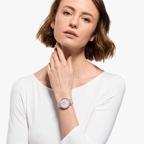 Ceas Crystalline Joy, Fabricat în Elveția, Curea din piele, Albastru, Gri, Finisaj în nuanță roz-aurie - Swarovski, 5563702