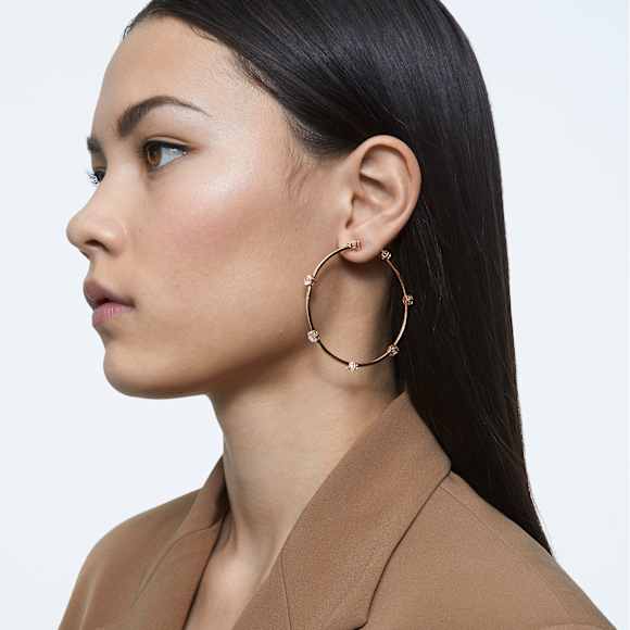Constella hoop earrings, Round cut, Small, White, Rose gold-tone plated - Swarovski, 5609706