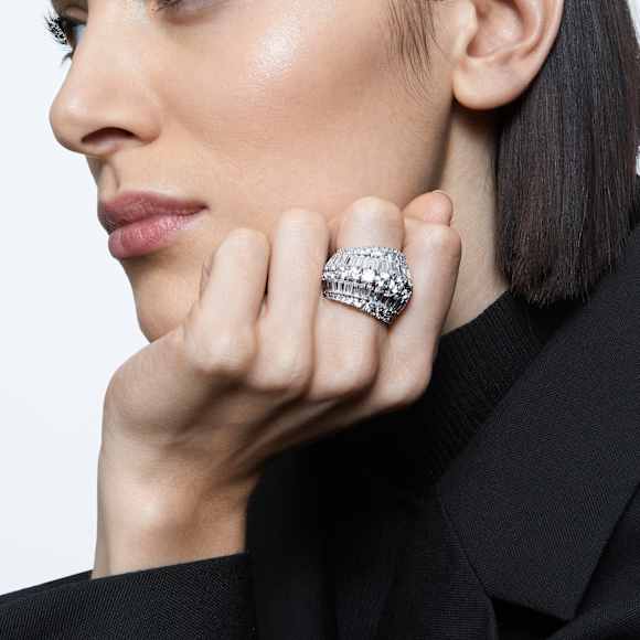 Hyperbola cocktail ring, Mixed cuts, White, Rhodium plated - Swarovski, 5610392