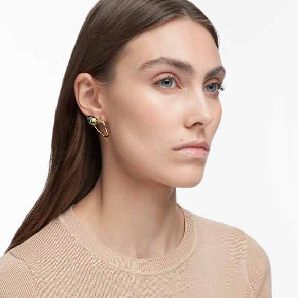 Numina drop earrings, Asymmetrical design, Mixed cuts, Green, Gold-tone plated - Swarovski, 5613541