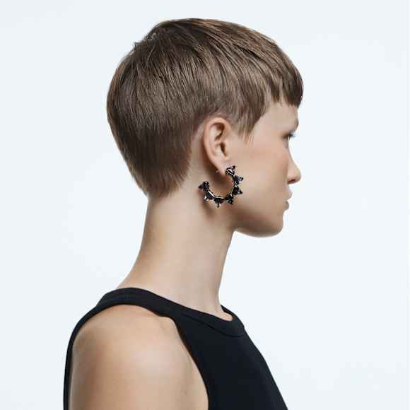 Matrix hoop earrings, Pyramid cut, Gray, Ruthenium plated - Swarovski, 5613681