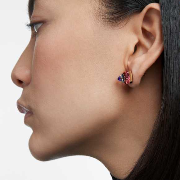 ต่างหูเม็ดเดี่ยว Matrix, เจียระไนทรง Pyramid, ชมพู, เคลือบโทนสีทอง - Swarovski, 5614062