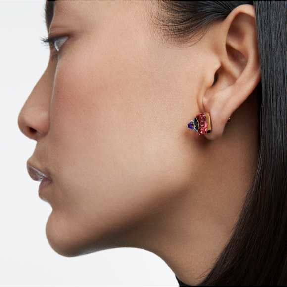 Matrix stud earrings, Pyramid cut, Pink, Gold-tone plated - Swarovski, 5614062