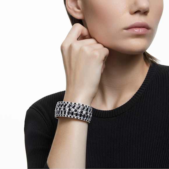 Hyperbola 阔手镯, 混合切割, 黑色, 镀铑 - Swarovski, 5615330