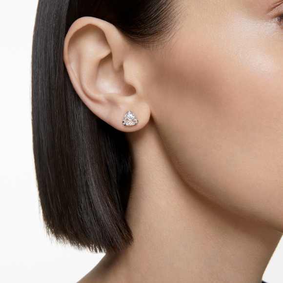 Matrix stud earrings, Trilliant cut, White, Rhodium plated - Swarovski, 5619498