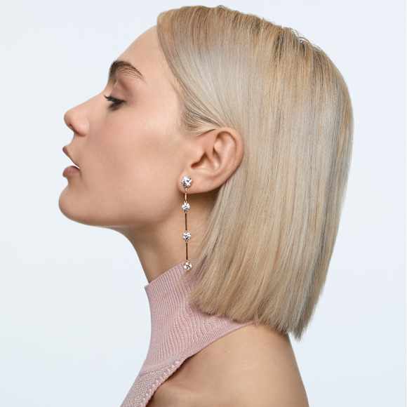 Constella drop earrings, Asymmetrical design, Round cut, White, Shiny gold-tone plated - Swarovski, 5622721