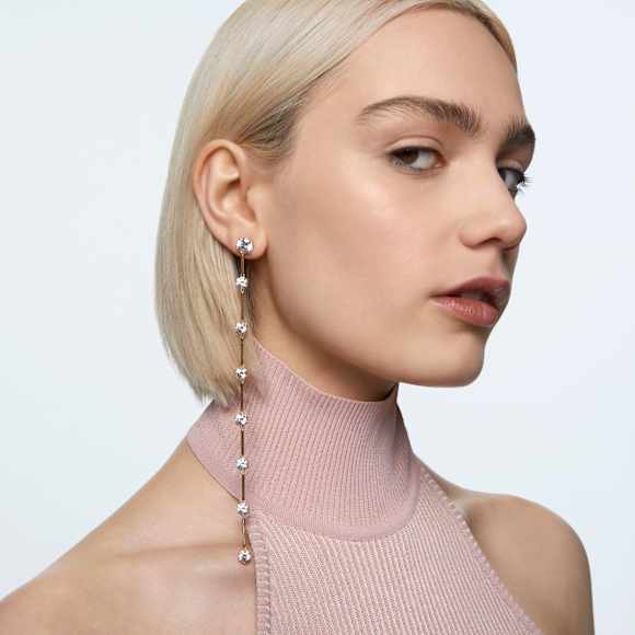 Constella drop earrings, Asymmetrical design, Round cut, White, Shiny gold-tone plated - Swarovski, 5622721