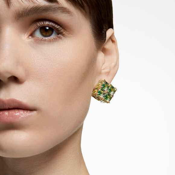 Curiosa 스터드 이어링, 싱글, 스퀘어 컷, 그린, 골드 톤 플래팅 - Swarovski, 5630311