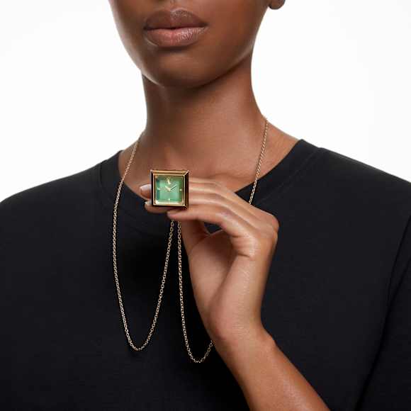 Reloj colgante, Talla triangular, Verde, Acabado tono oro champán - Swarovski, 5631146