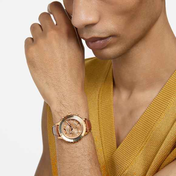 Octea Lux Chrono watch, Swiss Made, Leather strap, Brown, Gold-tone finish - Swarovski, 5632260
