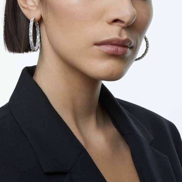 Ortyx 후프 이어링, 트라이앵글 컷, 화이트, 로듐 플래팅 - Swarovski, 5632466