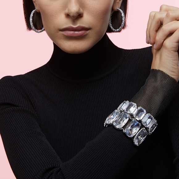 Matrix hoop earrings, Triangle cut, White, Rhodium plated - Swarovski, 5632466