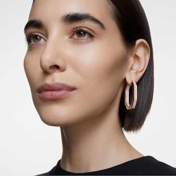 Anneaux d'oreilles Dextera, Forme octogonale, Larges, Blanches, Placage de ton or rosé - Swarovski, 5634992