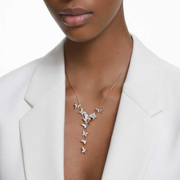 Y-verižica Idyllia Lilia, Metulj, Bela, V videzu rožnatega zlata 18K - Swarovski, 5636419