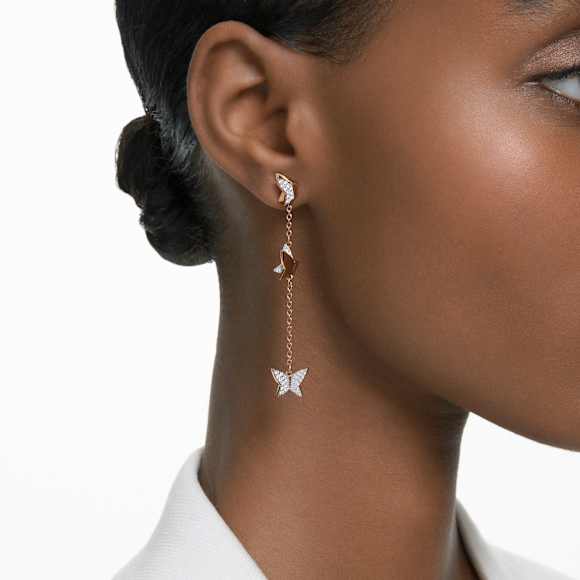 Idyllia Lilia Oorhangers, Vlinder, Lang, Wit, 18k roségouden afwerking - Swarovski, 5636426