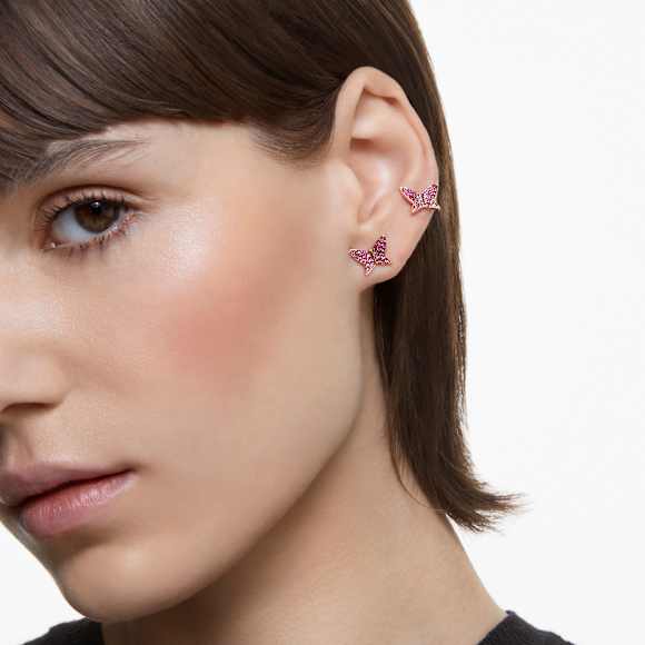 Idyllia Lilia stud earrings, Set (3), Butterfly, Pink, Rose gold-tone plated - Swarovski, 5636428