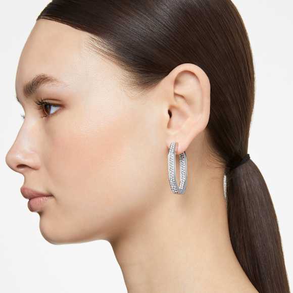 ต่างหูแบบห่วง Dextera, ทรงแปดเหลี่ยม, ขนาดใหญ่, ขาว, เคลือบโรเดียม - Swarovski, 5639099