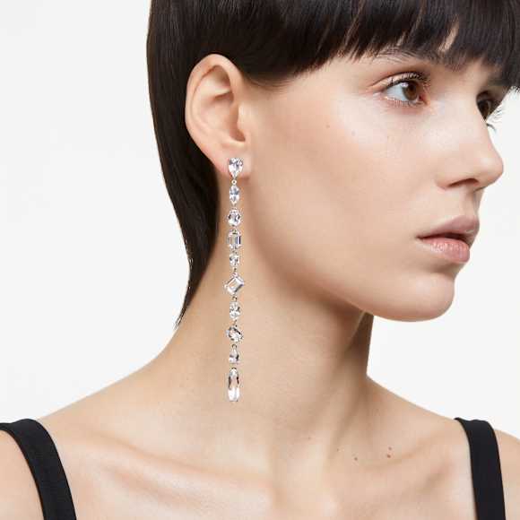 Gema 水滴形耳环, 非对称设计, 混合切割, 超长款, 白色, 镀铑 - Swarovski, 5639328