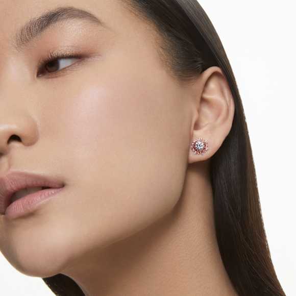 Idyllia stud earrings, Mixed cuts, Sun, Pink, Rhodium plated - Swarovski, 5642962