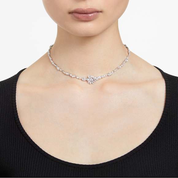 Gema 項鏈, 混合式切割, 花朵, 白色, 鍍白金色 - Swarovski, 5644666