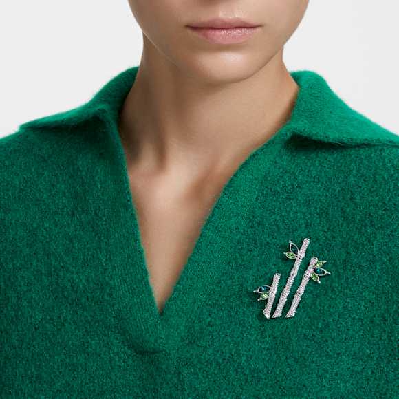 Dellium brooch, Bamboo, Green, Rhodium plated - Swarovski, 5645368
