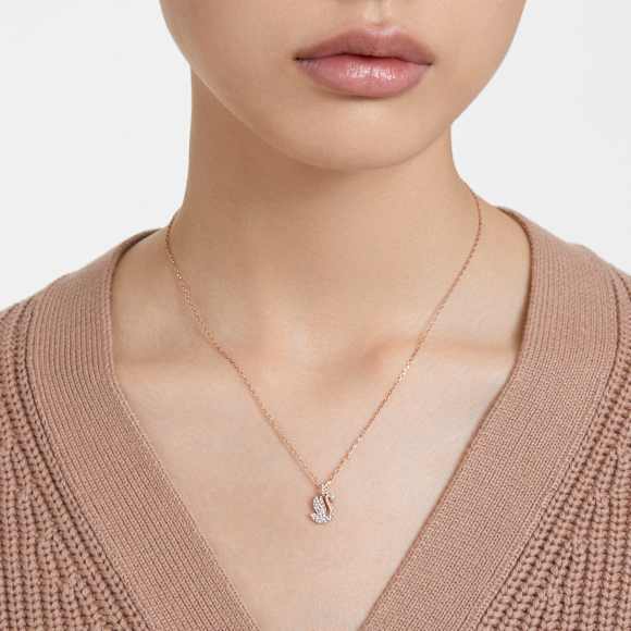 Obesek Swan, Labod, Majhen, Bel, V videzu rožnatega zlata 18K - Swarovski, 5647555