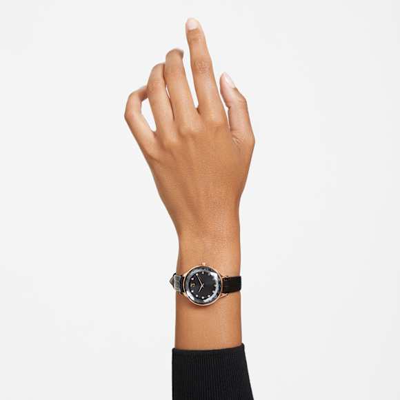 Octea Nova watch, Swiss Made, Leather strap, Black, Rose gold-tone finish - Swarovski, 5650033