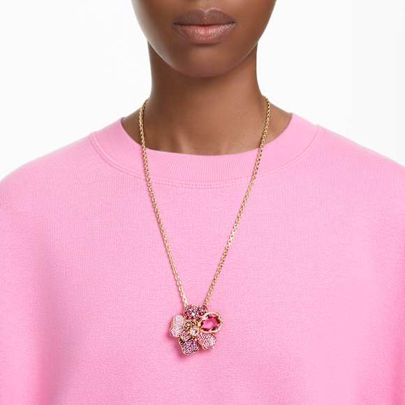 Idyllia pendant and brooch, Pavé, Flower, Pink, Gold-tone plated - Swarovski, 5652068