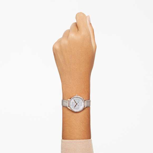 Attract Saat, İsviçre Üretimi, Yonca, Deri kayış, Gri, Pembe altın rengi yüzey - Swarovski, 5653350