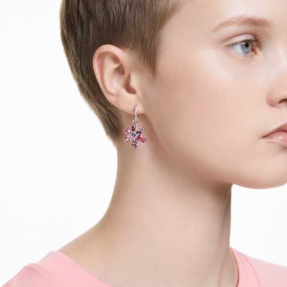 Gema drop earrings, Mixed cuts, Flower, Pink, Rhodium plated - Swarovski, 5658397