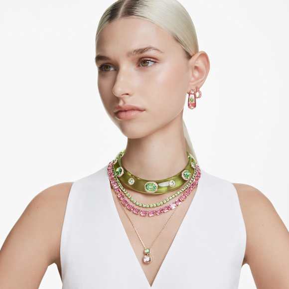 Matrix Tennis necklace, Round cut, Medium, Green, Gold-tone plated - Swarovski, 5661189