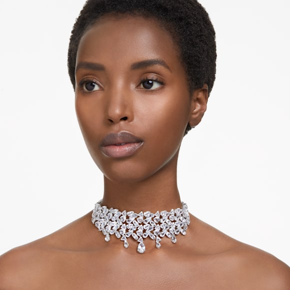 Mesmera โชคเกอร์, ผสมผสานเหลี่ยมเจียระไนหลายหลายรูปแบบ, ขาว, เคลือบโรเดียม - Swarovski, 5661523
