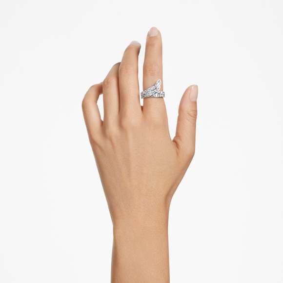 Hyperbola cocktailring, Verschillende slijpvormen, Dubbele banden, Wit, Rodium toplaag - Swarovski, 5665347