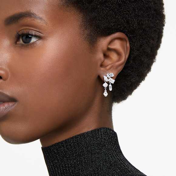 Mesmera drop earrings, Mixed cuts, White, Rhodium plated - Swarovski, 5665825
