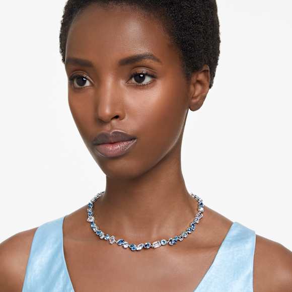 Gema necklace, Mixed cuts, Blue, Rhodium plated - Swarovski, 5666007