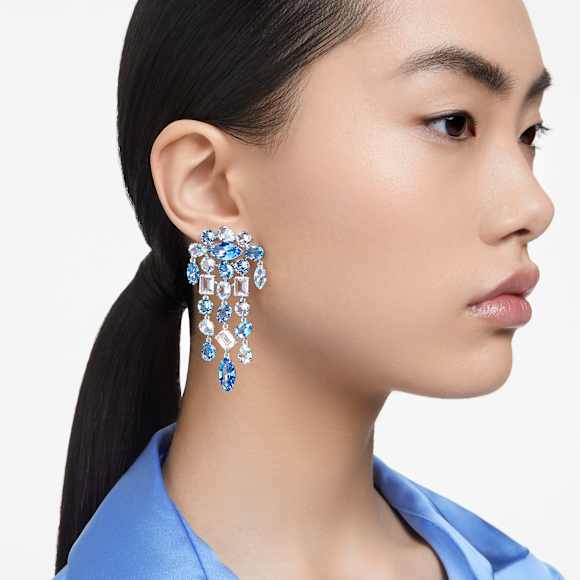 Gema 夾式耳環, 混合式切割，枝形設計, 超長, 藍色, 鍍白金色 - Swarovski, 5666015