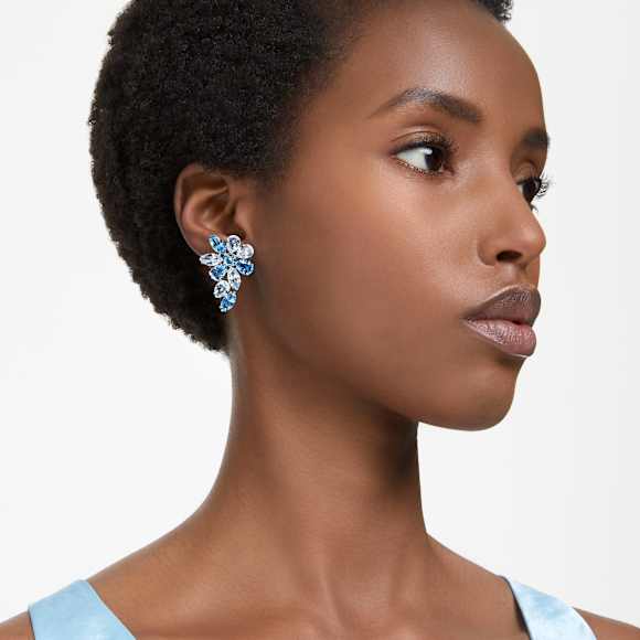 Gema drop earrings, Mixed cuts, Flower, Blue, Rhodium plated - Swarovski, 5666016