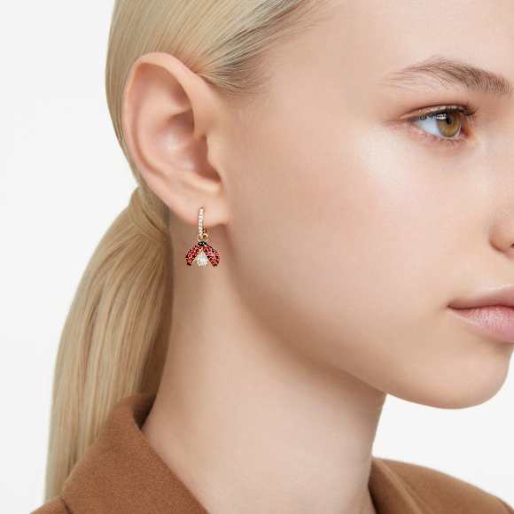 Idyllia drop earrings, Asymmetrical design, Ladybug, Red, Gold-tone plated - Swarovski, 5666131