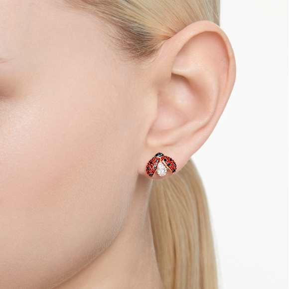 Idyllia drop earrings, Asymmetrical design, Ladybug, Red, Gold-tone plated - Swarovski, 5666131